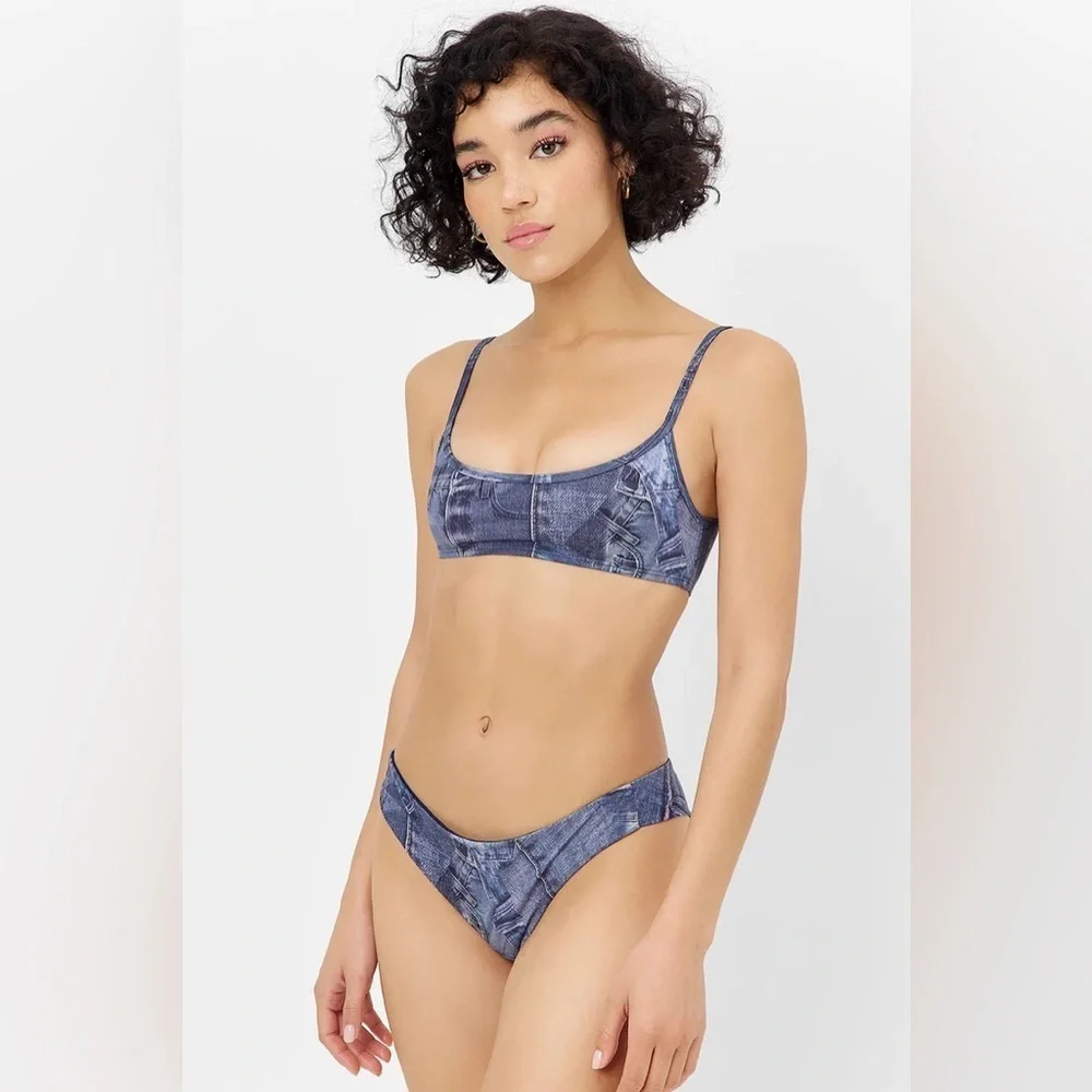 New Frankies Bikinis Dawson Cheeky Bikini Bottom denim jeans print 31067